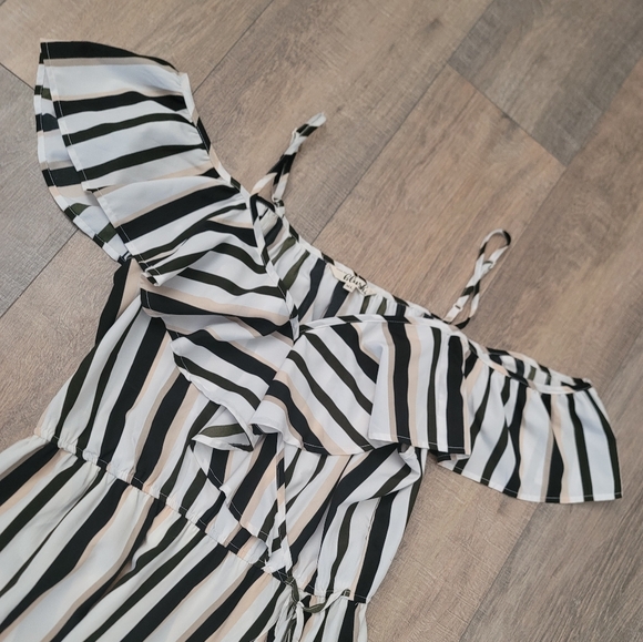 BLUSH | Ruffled Off the Shoulder Striped Dress - Picture 2 of 7